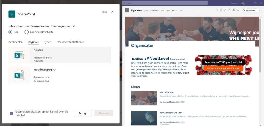 Screenshot SharePoint koppelen aan Microsoft Teams